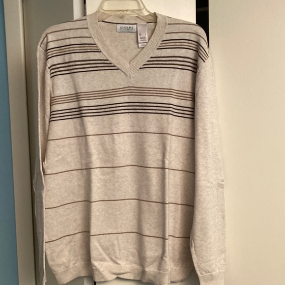 V Neck Men Sweater size L Light Cream with different shades of brown stripes. - Picture 1 of 6